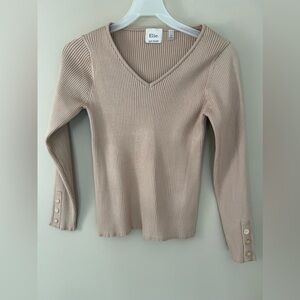 Elie Tahari Women’s Size L Blouse Ribbed V-Neck Beige Pullover Top Stretch